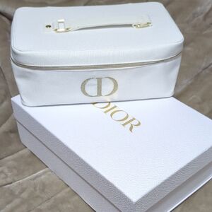 Dior Beauty Large White Canvas Makeup Case Cosmetic Bag with Mirror